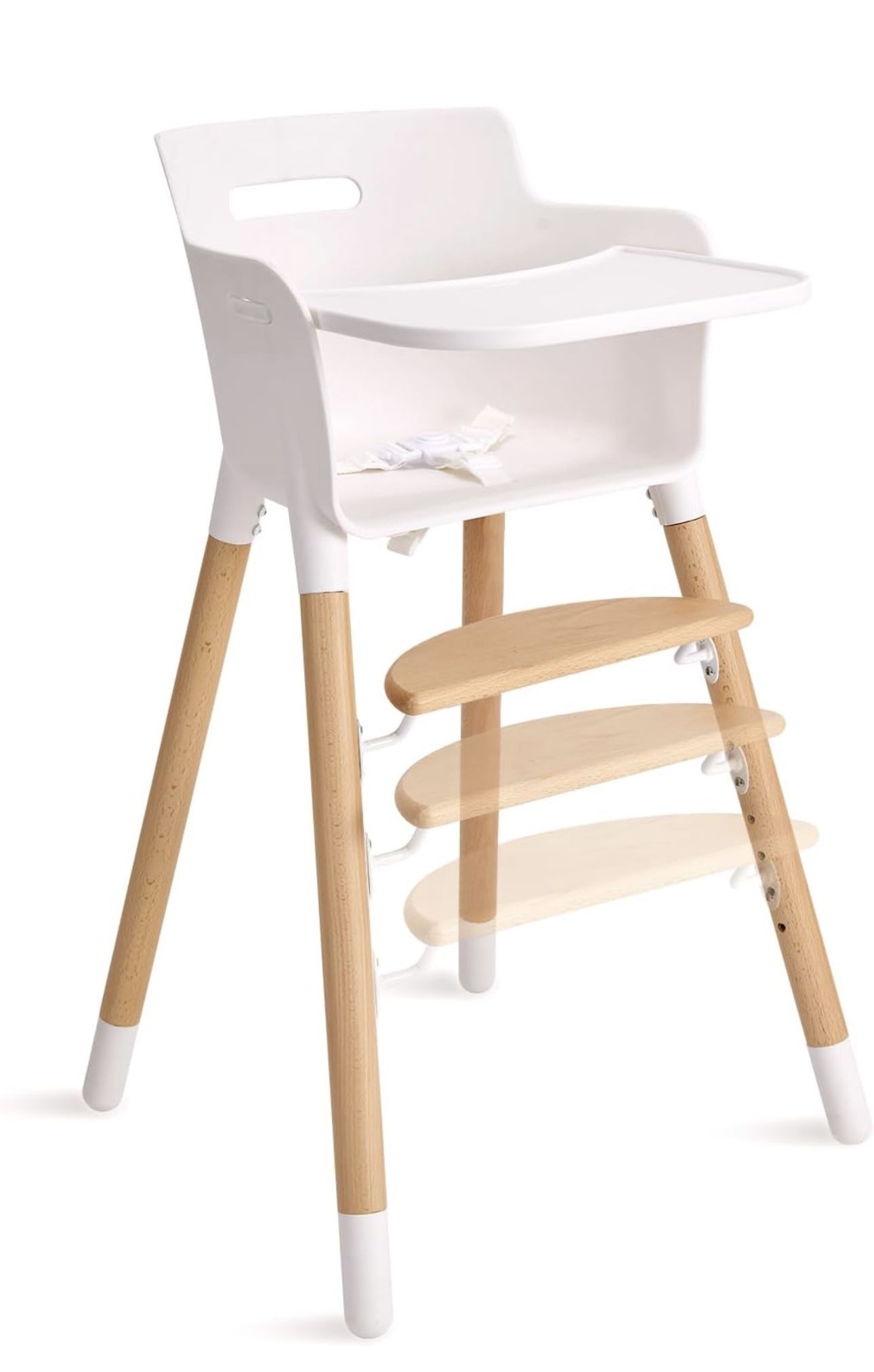 Baby High Chair, Wooden High Chairs For Babies & Toddlers, Highchair With Adjustable Footrest, Solid Beech Wood, Removable Tray, Ergonomic Seat Back, 