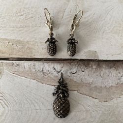 Sterling Silver Pineapple earrings and necklace charm set 