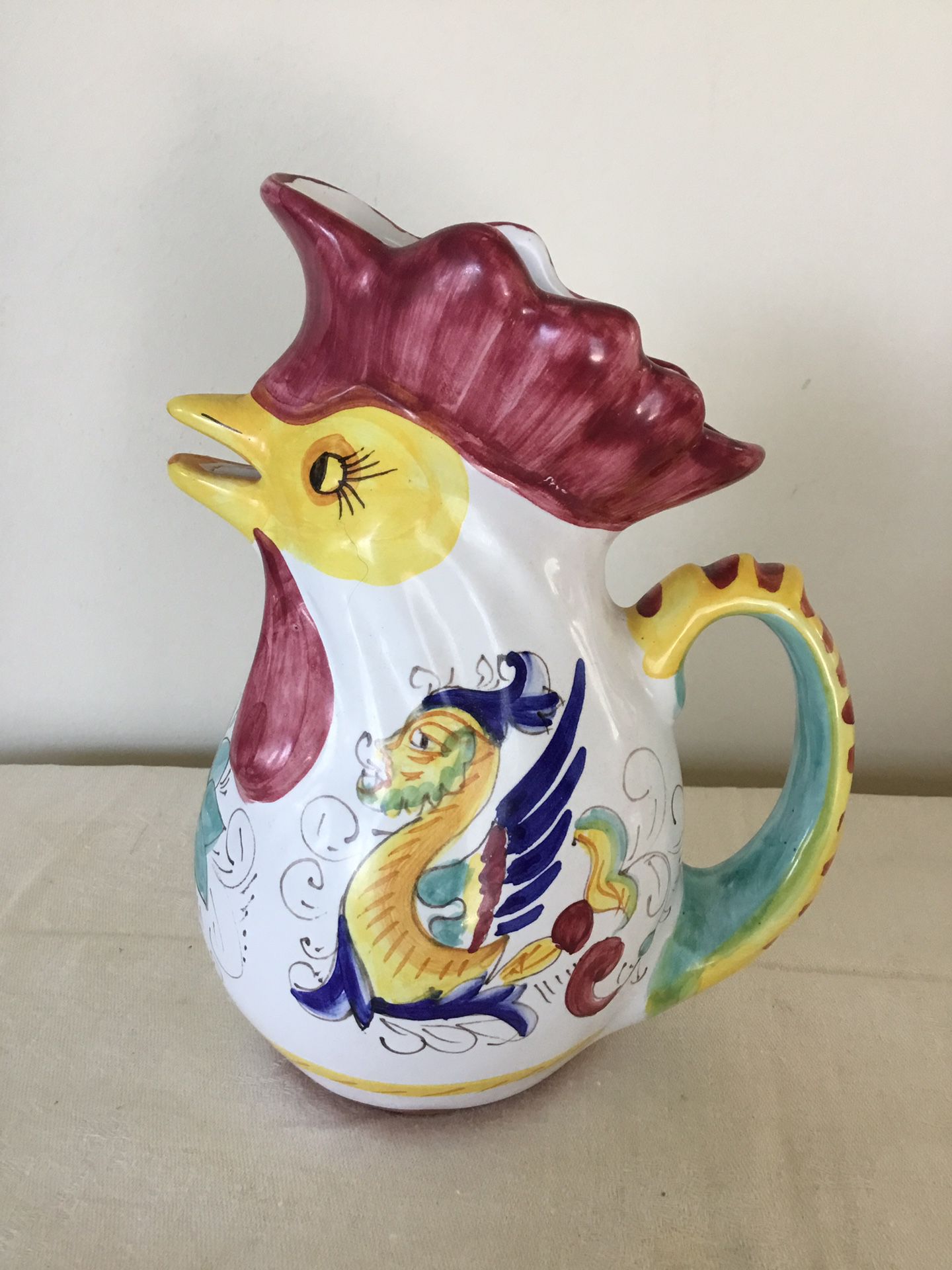Williams Sonoma 8” Ceramic chicken rooster pitcher Italy Dragons