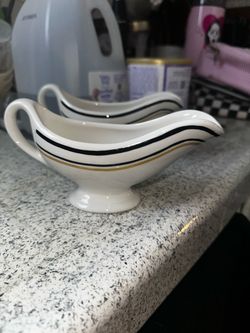 White Ceramic Gravy Boats with Black and Gold Stripes