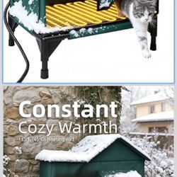 BARKBUDDY Heated Cat House for Outdoor & Indoor Use in Winer, 113°F Constant-Temperature Heating Pad Waterproof Windproof Warm Shelter Cat Houses (Gre