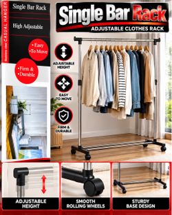 Single Bar Adjustable Rolling Clothes Rack
