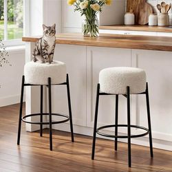 Set of 2  26" Counter Height Bar Stools, White Swivel Boucle Bar Chairs, Kitchen Island Seating