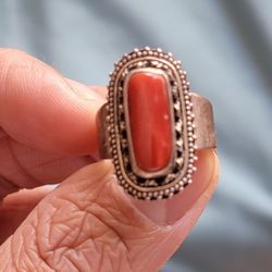 Coral Sterling Silver Ring Size 7.5 