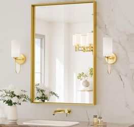 TETOTE Brushed Gold Bathroom Mirror 24 x 36 Inch Rectangle Gold Metal Framed Bathroom Vanity Mirror, Modern Farmhouse Rectangular Brass Frame Large Wa