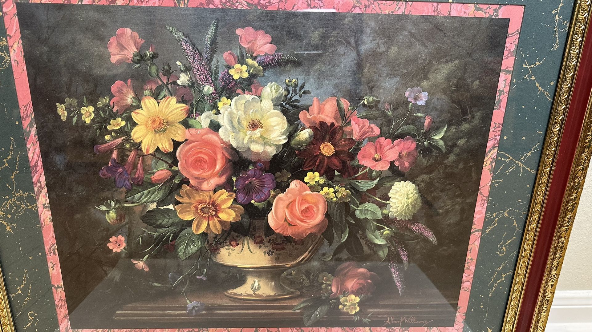 ALBERT WILLIAMS FRAMED & MATTED FLORAL ART PRINT. 27.5" X 23.5" ORNATE FRAME VGC