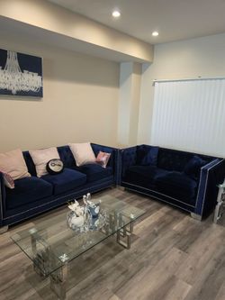 Navy Velvet Sofa & Loveseat Set - Excellent Condition