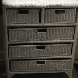 WHITE WICKER 5  DRAWER DRESSER