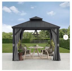 Sunjoy 10 ft. x 10 ft. Aluminum Frame and Black Power-Coated 2-Tier Steel Hardtop Gazebo for Backyard with Netting and Curtain