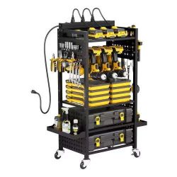 555^5-tier Tool Organizer Cart with Charging Station, 8 AC Outlet, Floor Stand Rolling Drill Holder and Tool Battery Storage Rack on Wheels, Garage Fl