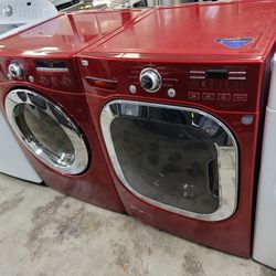 Red LG Front Load Washer And Stackable Gas Dryer Set 