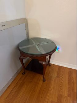 Round Accent Side Table with Glass Top (2) – Dark Wood – Great Condition