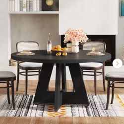 Roessler Farmhouse Black Wood 47 in. W Pedestal Round Dining Table without Chairs, Kitchen Dining Table Seats 4