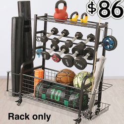 😀 Dumbbell Rack Stand, Home Gym Storage for Dumbbells Kettlebells Yoga Mat and Balls, All in One Workout Storage with Wheel