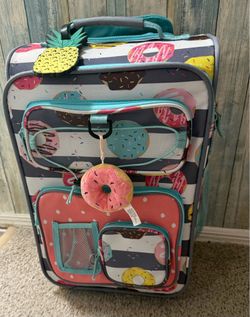 A sturdy suitcase measuring \(19x12x8  with wheels, great for carry on luggage