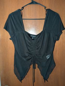 Mixed Threads Black mesh top with ruched front and tie detail, size XLMixed Threads Black mesh top with ruched front and tie detail, size XL