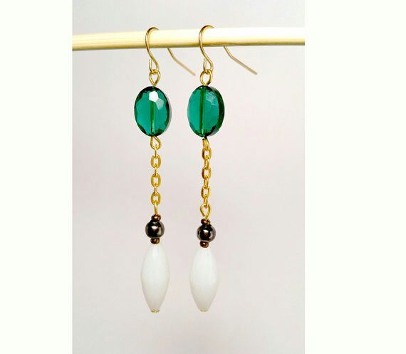 Contemporary earrings with emerald colored oval glass crystal beads and oblong white beads