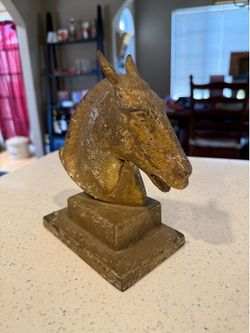 Vintage Cast Iron Horse Head Sculpture Equestrian Decor Rustic Gold Finish