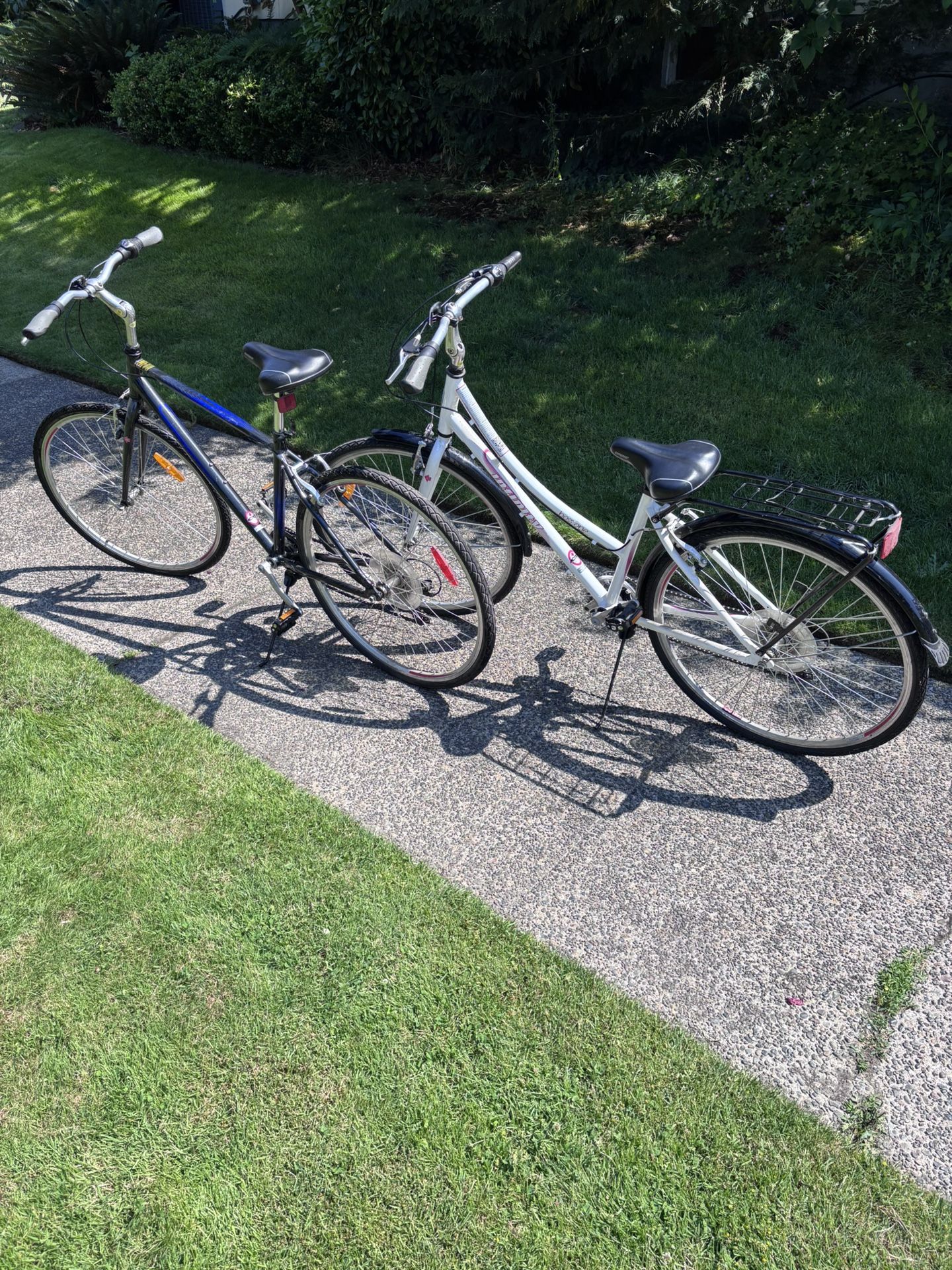 2 Road Bikes - Blue and White, with gears and road wheels.