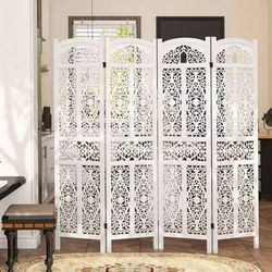 4-Panel Room Divider Screen, Hand-Carved Floral Design, White And Burnt Walnut, Wooden Privacy Partition For Home And Office, Folding Decorative Scree