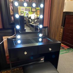 Black Makeup Vanity w/Lights and USB and Stool