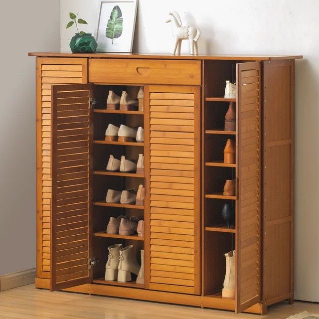 Bamboo 7 Tier 30 Pairs Shoe Organizer with Drawer Blind Door Boots Heels, Brown