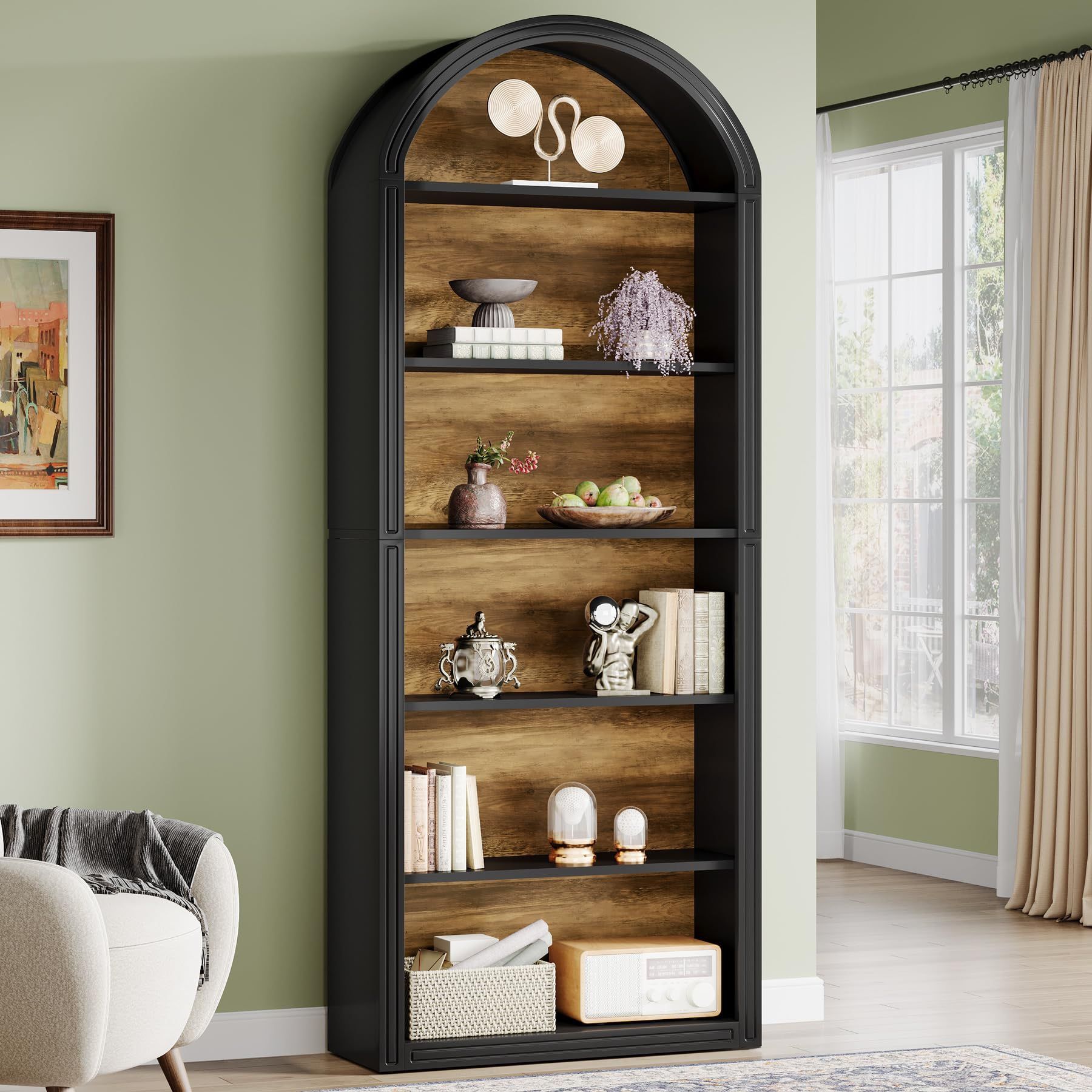 6-Tier Black Arched Bookshelf, 77.16" Tall Arched Bookcase with Storage Shelves, Floor Standing Open Display Shelving Unit for Living Room, Bedroom, H