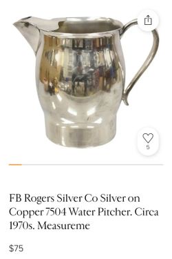 fB Rodgers silver co. Silver on copper 7504 water pitcher