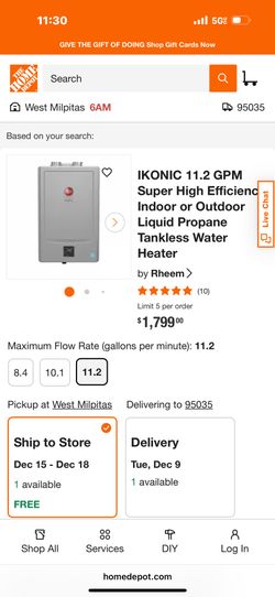 Rheem IKONIC - Residential 199,000 BTU, 11.2 GPM - Liquid Propane Tankless Water Heater - Direct Vent - Built-In Wi-FI