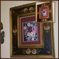 VINTAGE 28" HAND PAINTED FLORAL FLOWER ROSE BOUQUET WOODEN FRAME BURGUNDY MATTED PICTURE DECOR PLAQUE WALL ART