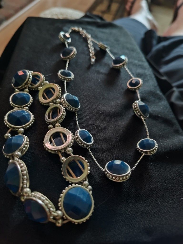 Silver-tone Blue Stone Necklace and Bracelet Set.