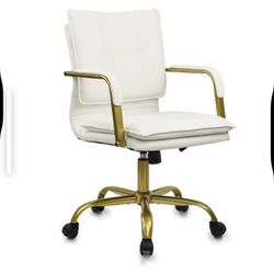 TINA'S HOME Faux Leather Home Office Desk Chair, Adjustable Swivel Computer Chair with Golden Legs and Arms, Comfy Upholstered Task Chair,White