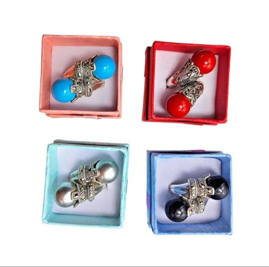 Sterling Silver 925 Statement Rings with Double Spherical Accents