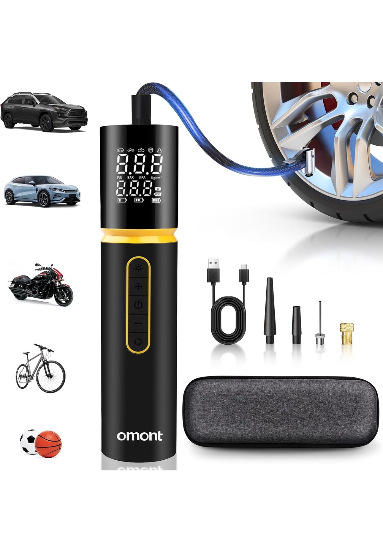 Tire Inflator Portable Air Compressor, Omont 150PSI Electric Bike Tire Pump Cordless Air Pump for Car Tires, 4X Faster Portable Tire Inflator with Dig