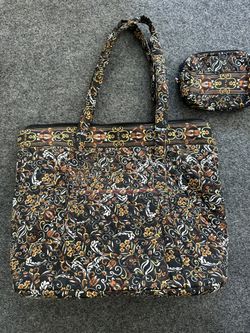 Vera Bradley Large Zipper Tote w/Matching Change Purse Brown/Black/White/Yellow. Excellent Condition-Smoke Free/Pet Free Home