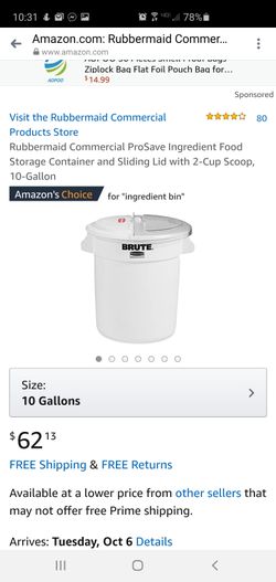 Rubbermaid Commercial ProSave Ingredient Food Storage Container and Sliding Lid with 2-Cup Scoop, 10-Gallon