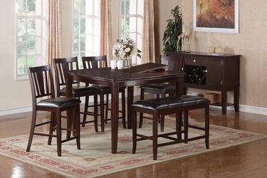 Brand new brown pub high dining set (54"×54" tabletop)