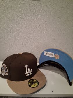 MLB New Era La Dodgers 59fifty Walnut color with light brown bill with white logo and baby blue underneath 60th year Patch Fitted Hat 7 3/8 $40