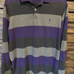 Polo Ralph Lauren Shirt Mens LRG Black Purple Grey Striped Long Sleeve Y2K