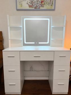 White Vanity Desk with LED Mirror and Drawers