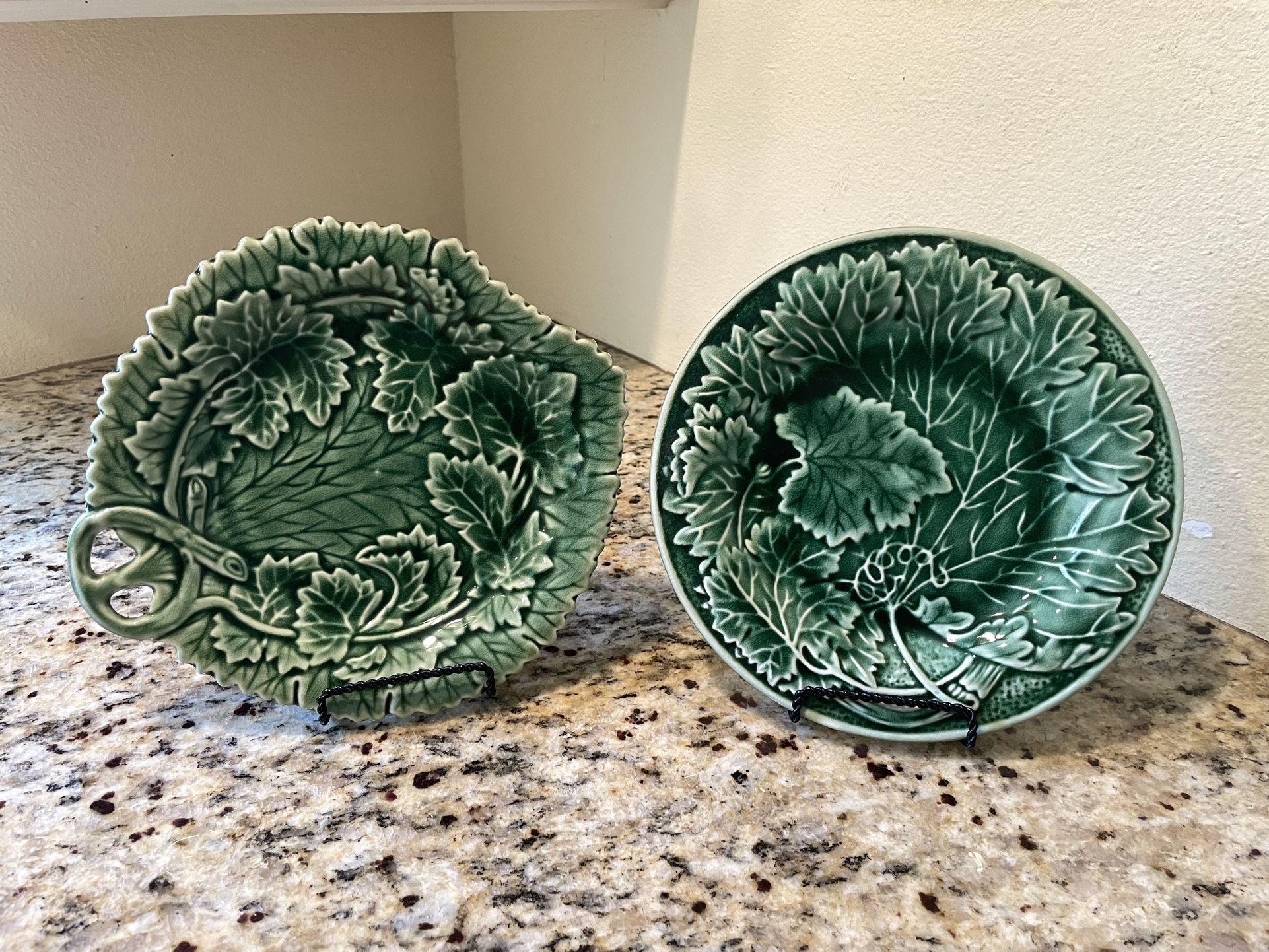 2 Green Celadon Plates Majolica Style Grape Leaves