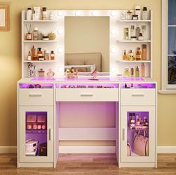 Vanity Desk, Makeup Vanity Desk with Mirror and Lights 3 Colors, Transparent Top with 3 RGB Drawers, 6 Shelves, 2 Large Tempered Cabinets, Power Outle