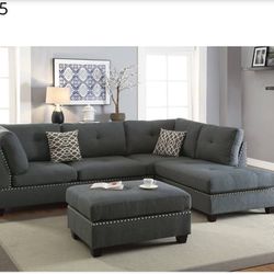 3pc Reversible Sectional Sofa Set W/ Ottoman-Blue Grey Or Black 