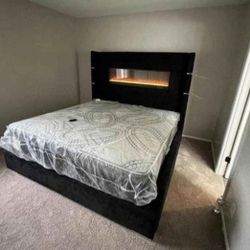 Black Velvet Fireplace Queen Bed 
