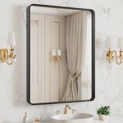 LOAAO 20X16 Inch Black Metal Framed Bathroom Mirror For Wall, Matte Black Bathroom Vanity Mirror Farmhouse, Large Rounded Rectangle Mirror, Anti-Rust,