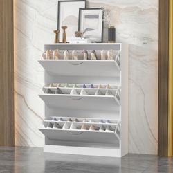 47.2 in. H x 31.6 in. W, White Wood Shoe Storage Bench, Simple and Fashion Shoes Cabinet, 3-Tilt-Out Drawers