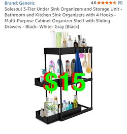 3-Tier Under Sink Organizers and Storage Unit - Bathroom and Kitchen Sink Organizers with 4 Hooks - Multi-Purpose Cabinet Organizer Shelf with Sliding