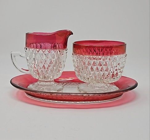 Vintage Indiana Glass Ruby Flash Trim Cream & Sugar Set with Tray
