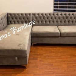 New Grey Velvet Sectional With Storage