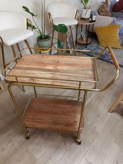 Gold Metal and Wood Two-Tier Bar Cart